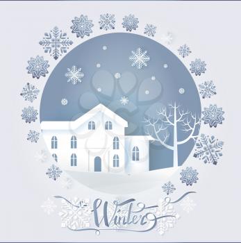 Winter paper card decorated by snowflakes in round frame with big dwelling near tree. Dark sky with flakes of snow in white color and flat style vector, paper art and craft style