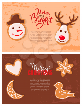 Gingerbread cookies, Merry Christmas and New year. Snowman and deer, heart and crescent, snowflake and bird. Treat or dessert, snack for Santa vector