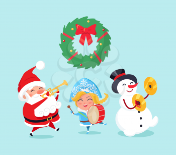 Merry Christmas celebration of Santa Claus and snowman, snow maiden vector. Winter character with music instruments, drums and trumpet caroling songs