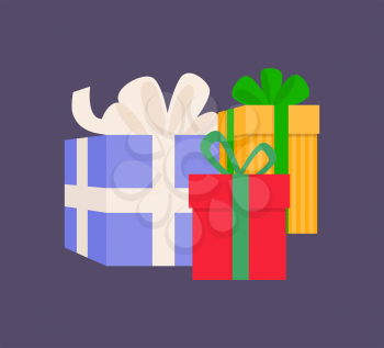 Gift boxes different sizes with stripes wrapped wide ribbon. Holiday colorful square presents with pattern and bow in flat style isolated on purple vector