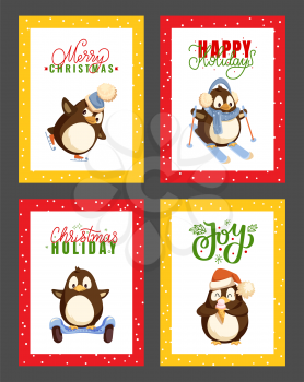 Merry Christmas happy winter holidays posters set with greeting text vector. Skiing and figure skating, animal riding hoverboard, transport with wheels
