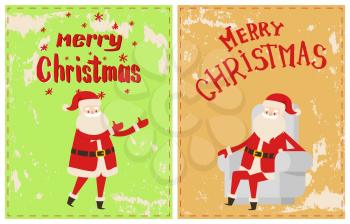 Merry Christmas Santa Claus sitting in cosy white armchair, cartoon character sticker on grunge. Vector greeting card with lettering and snowflakes