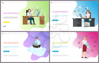 Online business, businessman solving problems in internet vector. Person sitting on cloud, businesswoman with worldwide global information and data