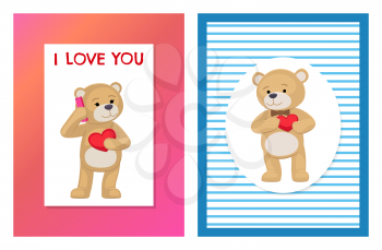 I love you and me teddy bears with heart sign vector illustration of stuffed toy animals, presents for Happy Valentines Day, cartoon posters set.