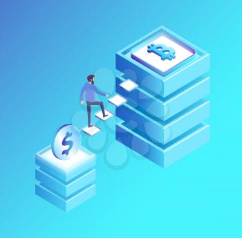 Bitcoin blockchain technology isolated isometric 3d icons vector. Man walking from dollar to cryptocurrency pedestal, financial choice for future