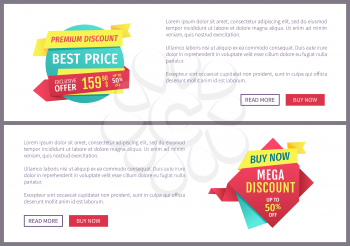Special offer banners set, vector design icons. Best price, mega and premium discount, buy now button, exclusive promotion, online poster sample.