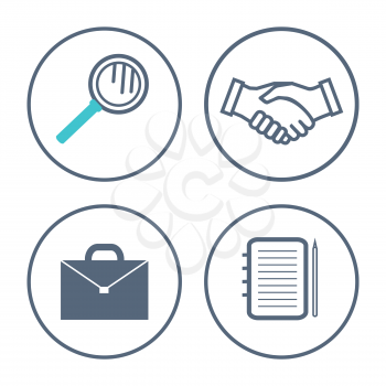 Magnifying glass and briefcase isolated icons set vector. Handshake deal and agreement signs, notebook and papers for writing ideas. Office supplies