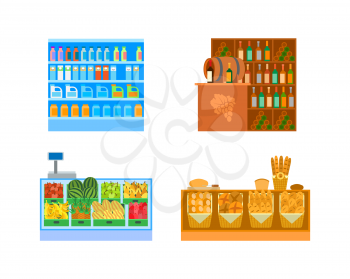 Supermarket stores, empty shop departments  vector. Bakery and winery with wine bottles and alcoholic drinks. Fruits and baked bread, milk and juice