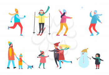 Winter activity people seasonal hobby isolated set vector. Skiing and skating, creating snowman, kids and children, family time together. Walking dog