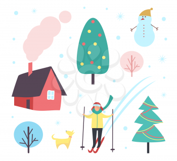 Tree pine and houses person skiing vector. Home with chimney and smoke, trees and snowman wearing warm hat. Decorated Christmas plant with garlands