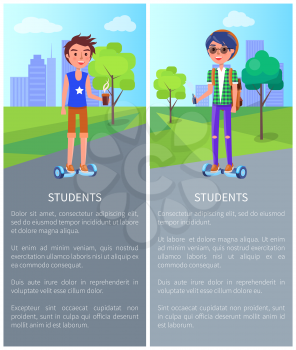 Students modern teenagers in city posters with text sample vector. Males wearing fashionable clothes, skating on skateboard and hoverboard with vape