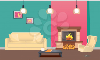 Designer room in bright colors of wallpaper vector. Sofa and armchair, burning fireplace with logs, hanging pictures. Coffee table with cup and notebook