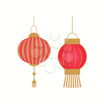 Hanging red lantern with golden stripes on white. Chinese cultural lamp for New Year, colorful holiday tradition ornament in flat style vector isolated