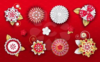 Flower origami decoration for Chinese New Year vector. Ornament with petals and leaves, blooming flora, decor for holiday spring festival celebration