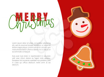 Merry Christmas holiday, gingerbread cookies in shape of snowman and jingle bell. Traditional dish or crispy treat, New Year, festive snack vector