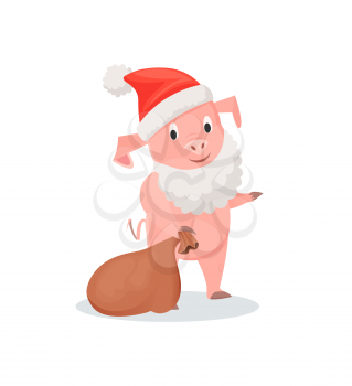 Pig in Santa costume with gifts sack, New Year holiday. Domestic animal in festive outfit, winter feasts celebration, zodiac creature vector illustration