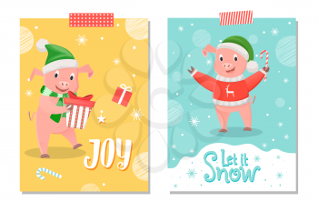 Let it snow and joy postcard, piglet New Year symbol with gift box. Pig in red sweater with reindeer and green hat wishing Merry Christmas vector on snowflakes
