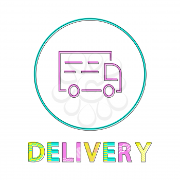 Delivery minimalist color icon in lineout style. Small round framed transportation depiction on white for e-store load service website vector badge