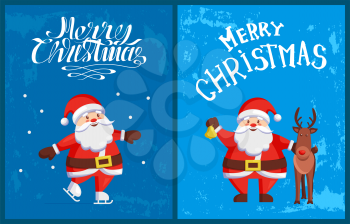 Merry Christmas greeting card and Santa Claus skating outdoors on blue backdrop. Saint Nicholas and reindeer horned animal, lettering congratulations, vector