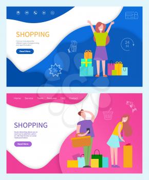 Shopping web page woman shopaholic and line art icons. Money in hand, sale discounts, buying by credit cards or cash, vector web pages templates, people