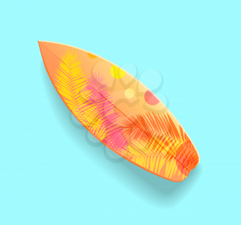 Surfing board isolated icon closeup vector. Surfboard with print of palm leaves and green foliage. Wooden object used in sport and leisure of surfers