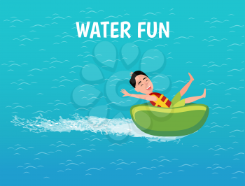 Water fun person relaxing on rubber inflatable item vector. Male teenager in lifebuoy on surface of sea or ocean. Person wearing protective jacket