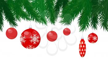 Baubles and cone toy hanging on Christmas tree vector. Balls with snowflake shining print, hang decoration on pine branches, spruce frame, winter holiday