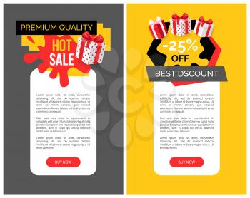 Hot sale best discount promo web pages with push button buy now. Website templates, text samples and gift boxes with price reduction offers vector