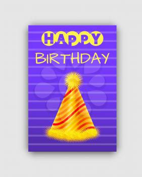 Happy birthday poster with bright festive cone isolated on blue backdrop with lines collection, hat with pretty bubo and decorative waving stripes