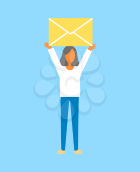Woman holding message icon, developing computer system of communication, lady and e-mail letter in hands above her isolated on vector illustration