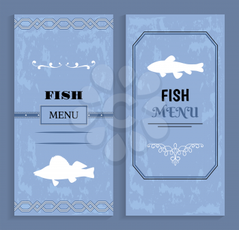 Fish menu elegant vintage vector concept on bluish shabby background with decorative twirl, geometric pattern and seafood illustration silhouette.