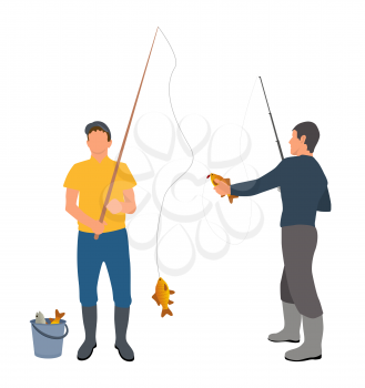 Two fishers with haul isolated on white banner, vector illustration of adult man in special clothing, fisherman with rods and catched fish in bucket