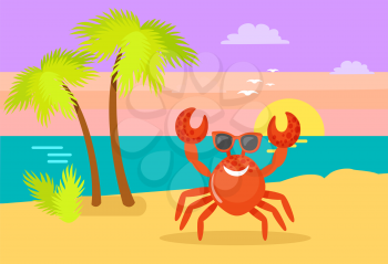 Seascape, palm tree with foliage vector. Crab wearing glasses, hawaiian vacation tropical view. Coast and sun, holidays and relaxation on beach, summer rest