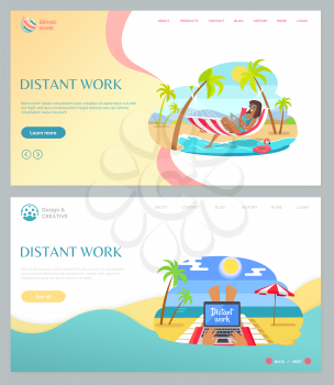 Distant work webpage woman lying on hammock with laptop, person using computer on chaise lounge, ocean view, freelancer and summertime job set vector. Website template, landing page flat style