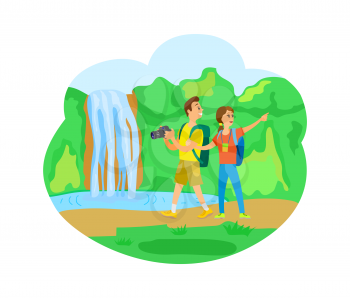 Traveling people on nature vector, man and woman surrounded with greenery. Couple of backpackers with photo camera, bushes with trees and waterfall
