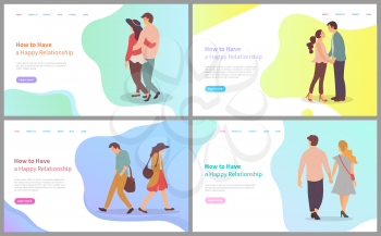 Dating of male and female, full length view of couple characters in casual clothes, man and woman going together, happy relationship, love vector. Website or webpage template, landing page flat style