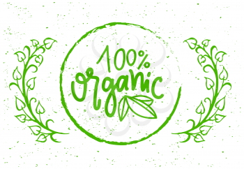 Organic food simple label on grunge background with tree branches. Vector 100 percent guarantee isolated green creative logo in round frame, greenery and leaves