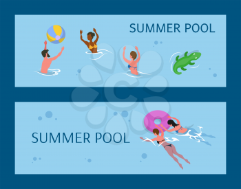 People playing volleyball, summer aqua activity. Man and woman wearing swimwear, splashing in water, pool in summer, swimming females with inflatable rubber circle vector