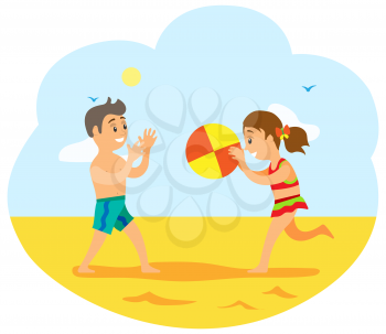 Kids in summer vector, vacations of children playing volleyball tossing ball to each other. Hot sand, childhood of boy and girl, brother and sister friends