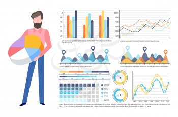 Analysis of data, visualized information vector. Schema and explanation, man with pie diagram and colored segments, graphics and infocharts info set