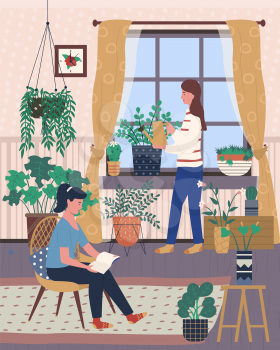 Interior of room with plants vector, woman sitting on chair reading book, lady with watering can caring for plants growing in pots. Home of people