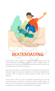 Skateboarding and skate part, teenager on skateboard vector. Extreme sport or outdoor activity, jumping on board, boy in cap and jeans showing trick