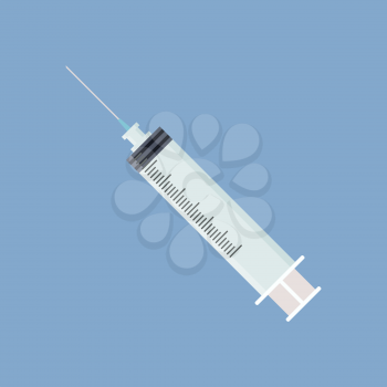 Medical syringe icon isolated in blue background vector illustration of medic instrument with sharp needle for injection making, medicinal tool image