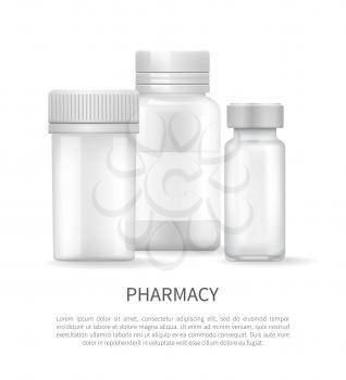 Pharmacy poster with conservation of medicinal product containers isolated vector. Plastic silver bottles covers designed for liquids or pills storage