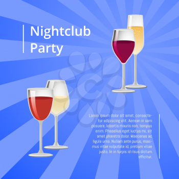 Nightclub party poster with pair of glasses vector red white wine, elite classical alcohol drinks in transparent glassware, champagne and winery