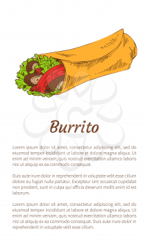 Mexican traditional spicy fast food burrito wrap promo poster with cutline. Color cartoon vector illustration with text sample on white background.
