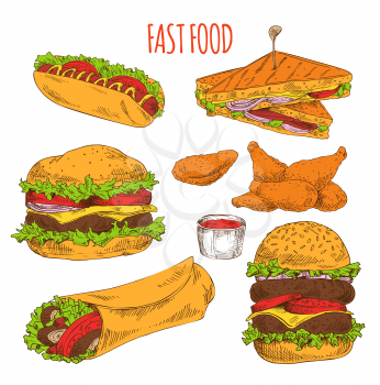 Fast food collection of tasty snacks colorful card, isolated on white background vector illustration of hot dog burgers sandwich burrito and nuggets