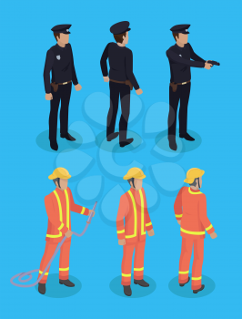 Police officer and firefighter with hose. People working as policeman and fireman wearing uniforms saving people. Security construction set vector