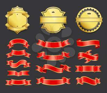 Gold coats of arms with ribbons decoration vector icon. Shiny shields with crown shape at top and stars, wrapped in scroll string, red strips decor