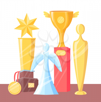 Gold cup with wings on wooden holder, statuette with five pointed star, glass figurine and medal on ribbon winner collection vector illustration.
